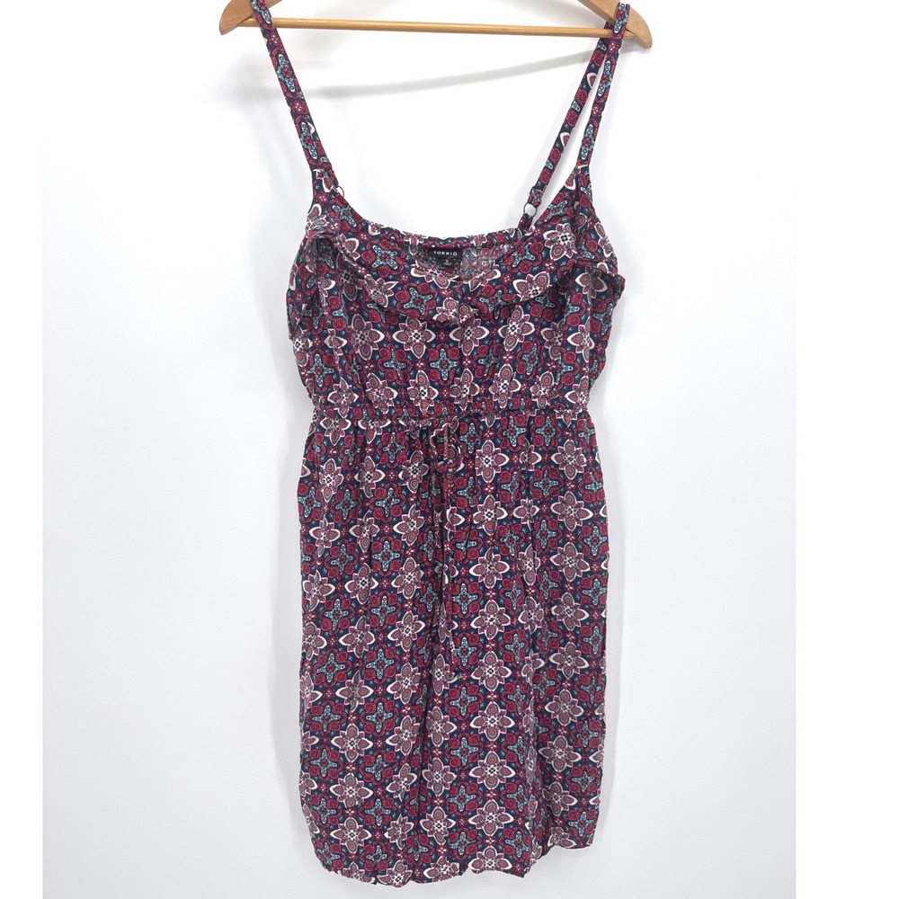 Torrid Women Dress 2 Red Blue Medallion Boho Rayon Mini Adjustable Strap Smocked